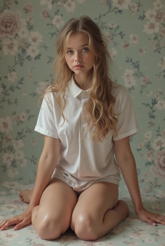 Sexy wearing leggings shorts, transparent blouse, the nipples are visible, in her room