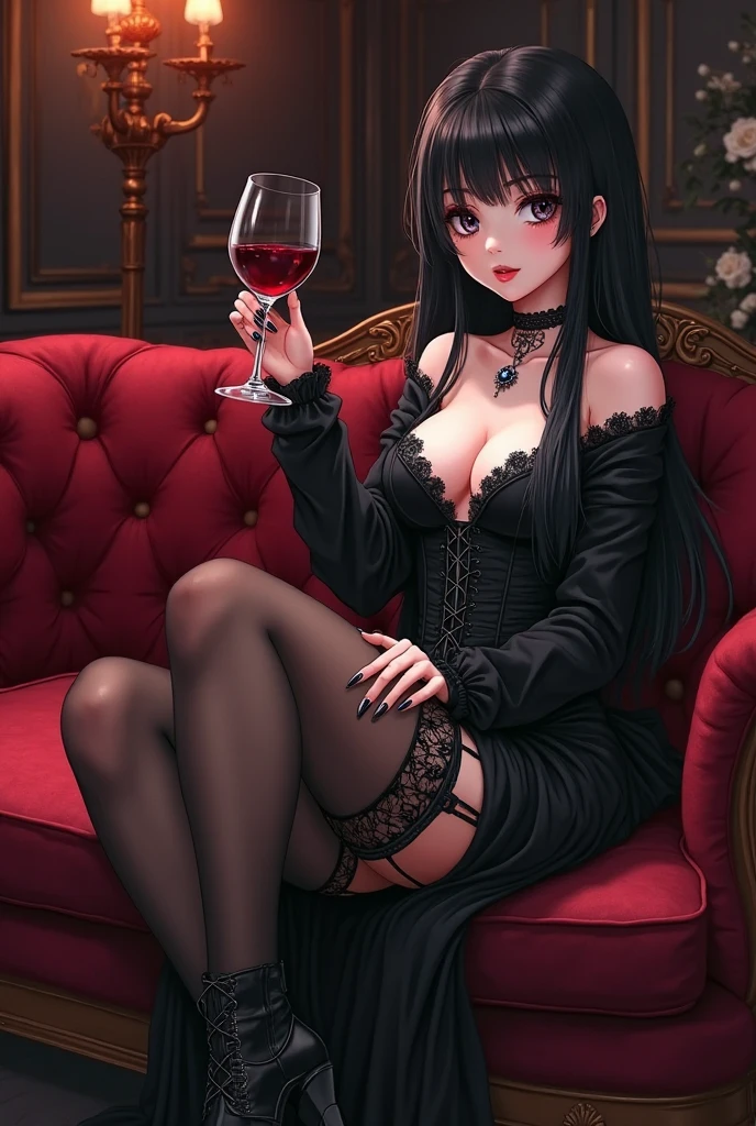 A vampire woman, with long black hair with red highlights, sitting drinking wine. Dark anime style image.