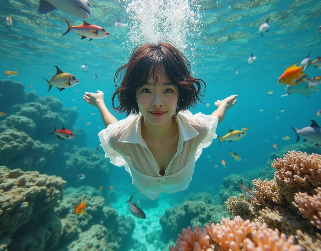 (Best quality, 8k, 32k, Masterpiece, UHD:1.2) "Generate an art scene depicting a Japanese girl model with short black hair in a chic bob hairstyle, clad in a swimsuit, scuba-diving and exploring the underwater world. Show her gracefully swimming amidst vibrant coral reefs, surrounded by a variety of colorful fish. Capture the sense of wonder and discovery on her face as she encounters the beauty of the aquatic ecosystem. Utilize dynamic lighting to simulate the play of sunlight filtering through the water, casting enchanting reflections and creating a serene and visually captivating underwater environment."
