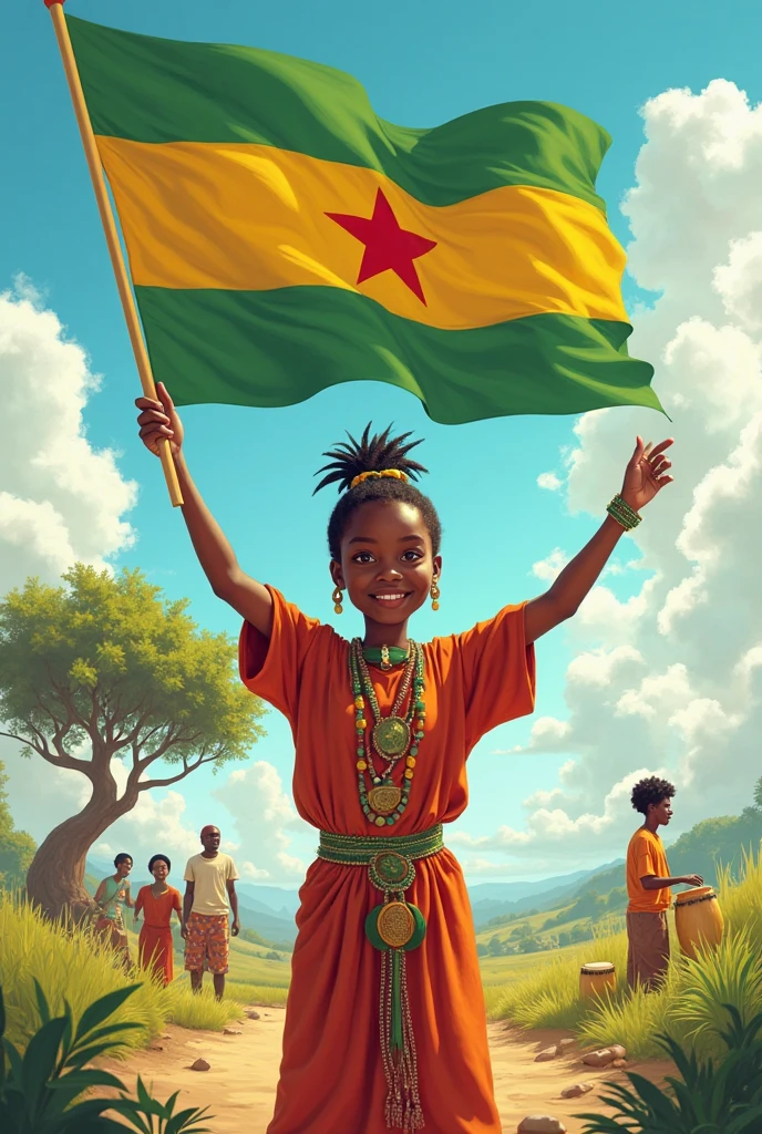 A Chaqueño boy holding a flag with five stripes, alternating green and white, waving in the wind.