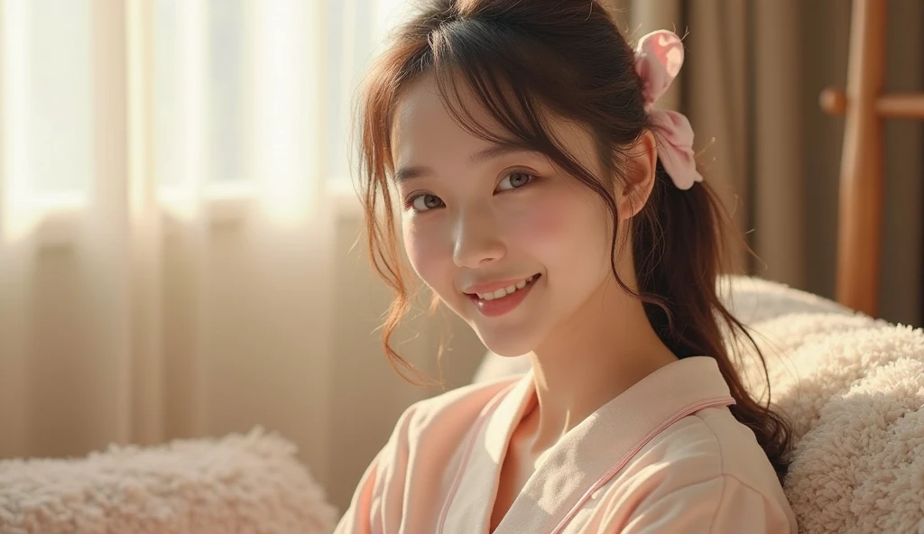 High Quality, Best Quality, 1 Woman, Real, Live Action, Japan Person, Frontal, 28 years old, Big tits, Glowing face, Black hair, Straight hair, Pink lips, Natural skin, Light eyebrows, Little longer hair, Loungewear, Holding coffee with both hands, Staring, Quiet, Affection, Serious, Facial expression, Happy, Table, Conversation, Smile, Romantic, Relaxed, Happiness,