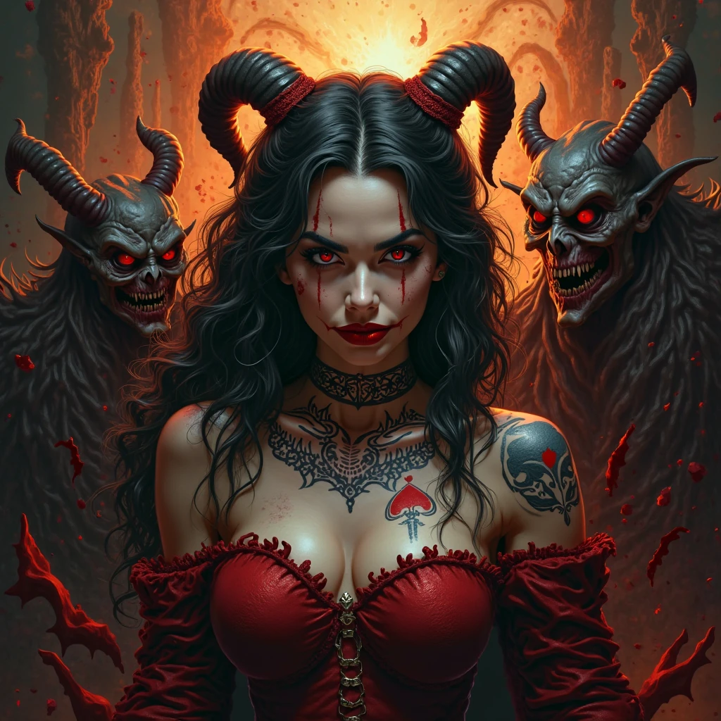 a painting of a holy succubus with horns, chiasmus, gloves, gothic dress, vampire the masquerade bloodlines, incredible art, gloomy background, nimbus, church ragged vestments, darksketch, close-up