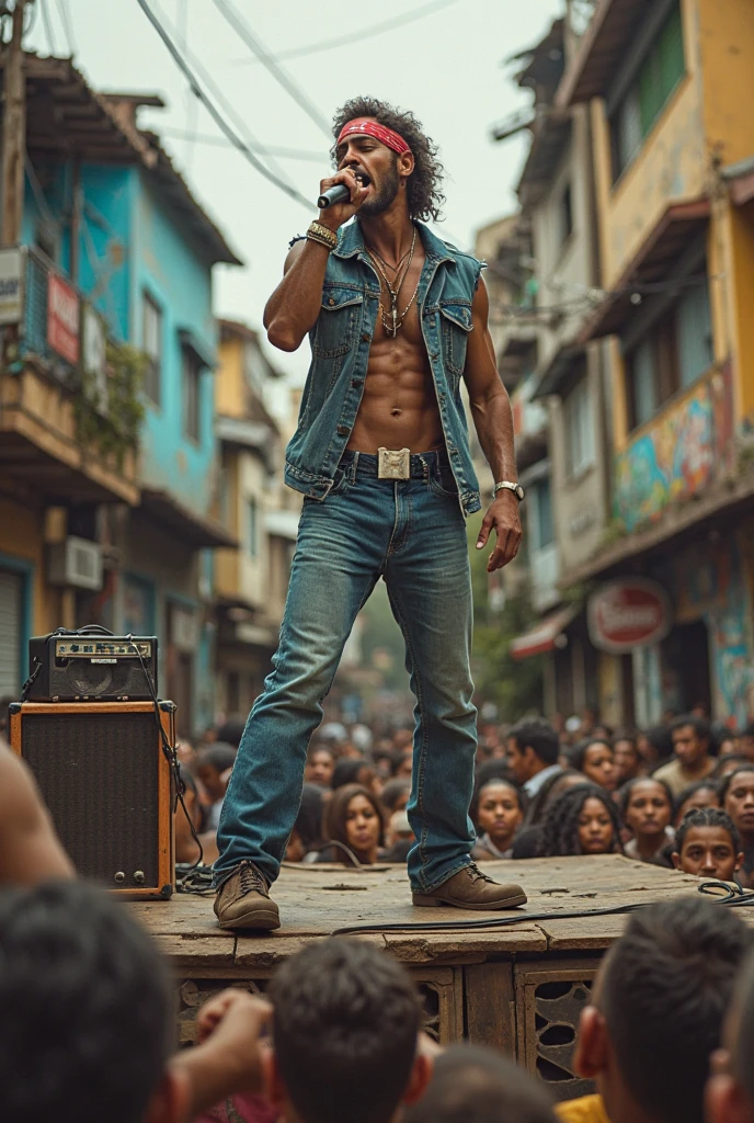 Homem musculoso gigante sem camisa de bermuda andando de skate e tocando guitarra em cima do skate nas ruas de a praia ensolarada com.coqueirais. n forgets to create the electric guitar