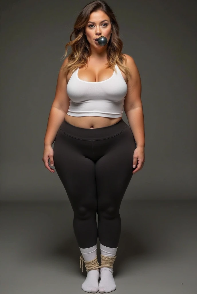 Photographie d une femme, belle), peau blanche, cheveux court noir, yeux parfait noisette, curvy avec des rondeurs 168m 80kg ,gros fesses,fitness outfit,salle de sport, porte legging