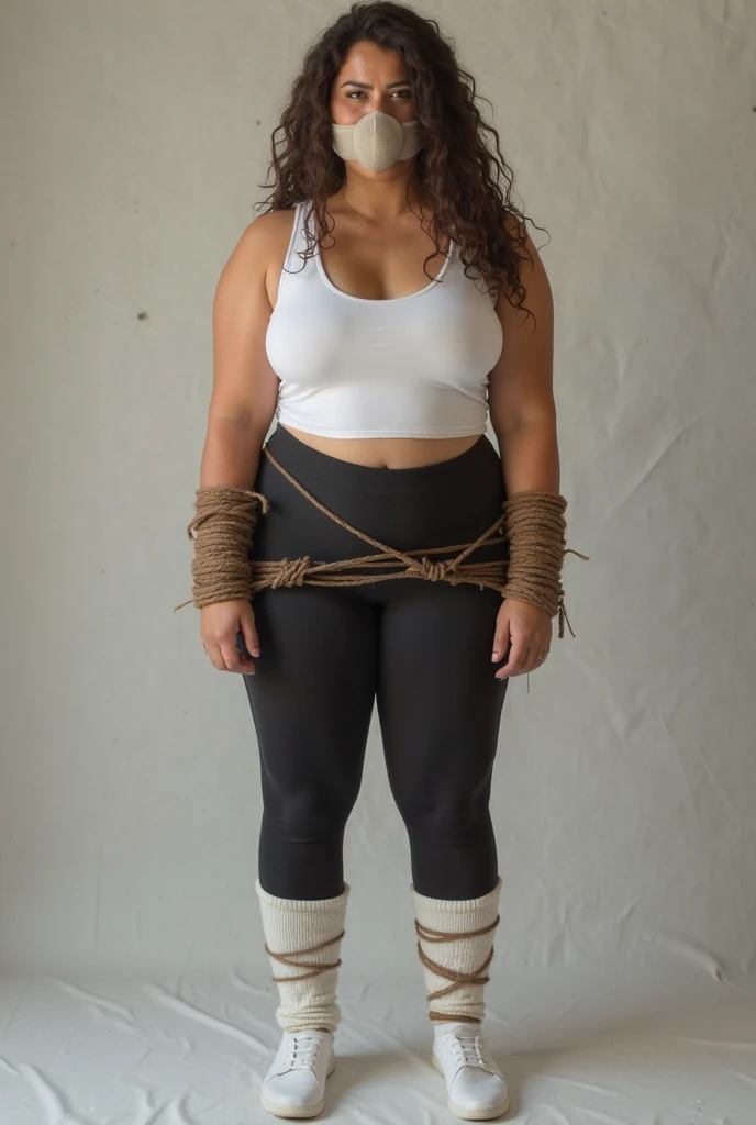 takatekote, A black woman standing in a rustic wooden barn setting, in a noose. She is bound Tightly intricately uncomfortably restrictively helplessly painfully intimately bound with ropes, with her arms secured behind her back. rknee, rankles, hbae, hbab, wol, relbow, uwe, armless, skindentation . The woman wears a white bra and underwear, tight cloth rope with camel toe, and her face is covered with white cloth covered by clear tape, leaving only her nose visible. She balances on a small  wooden stool, and the background features wooden beams and hay on the ground. deadly peril bondage

