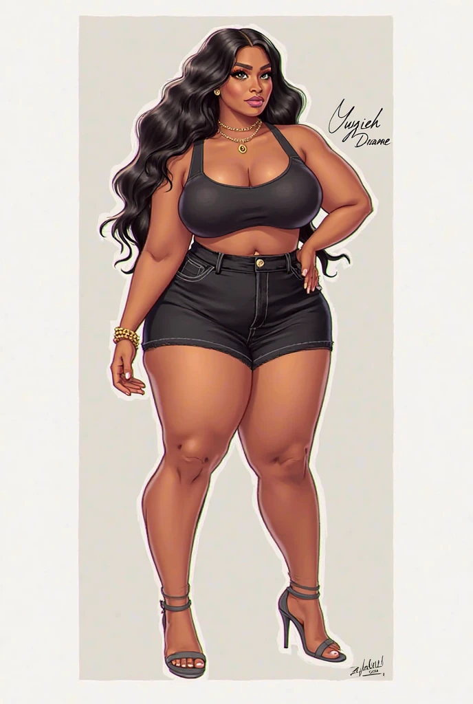 (Above view:1.1)((masterpiece)),(((best quality))),((character sheet)), ((full body view)) ((black woman)) ((afro combed to sides)) ((seductive pose)) mature face, defined cheekbones, high cheekbones, illustration, girl, muscular, ((afro:1.4)), sexy bimbo, (gigantic breasts:1.2) (((black hair))), ((detailed face:1.4)) beautiful woman, (gold leotard:1.4), (gold hoop earrings:1.6), (thighhighs:1.4) (yellow lips:1.6) , shiny skin, scribbles and marks,(puffy lips:1.5) , rough sketches, 8k,16k, (simple background, white background: 1.3), gold and black color palette, brown legs, orange arms, (black skin:1.7)