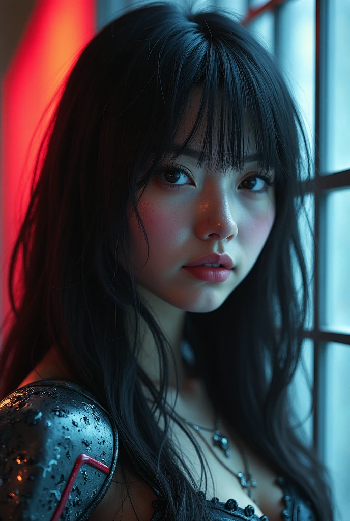 extreme close-up of beautiful beautiful korean female, 34 inch breasts size, wearing as devil hunter, darkness, bokeh background, cinematic scene, UHD