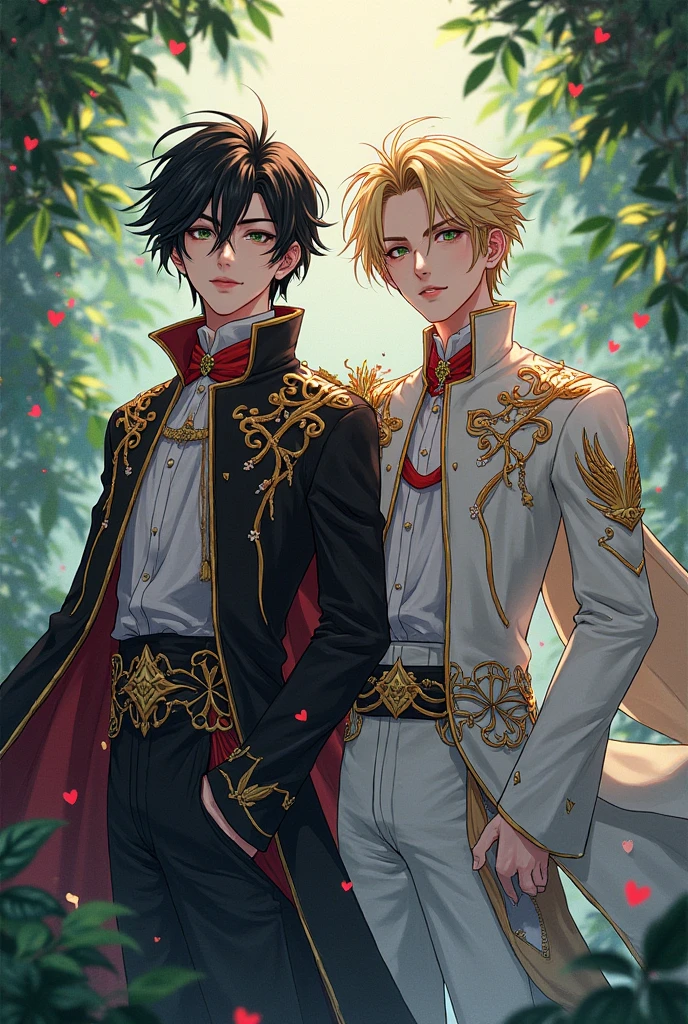 (masterpiece, highest quality, high resolution, illustration, super detail, photo reference: 1.1), best anime character, fan art, two guys, the art was made by a professional artist, the artwork is a masterpiece, it is symmetrical on both sides of his body, the character's perspective was perfectly drawn, very detailed clothes, visually stunning background, good-looking clothes, highly detailed hair, The artwork has a sense of unity and harmony, volume lighting, depth, detailed shading of the figure, detailed highlights figure drawing, perfect person, excellent person drawing, good looking realistic lighting, best light placement, highly detailed clothing, stylized, aesthetic, excellent eye detail, flowers, fantasy, comic art, trends in ArtStation, trends on pixiv, Features portraits