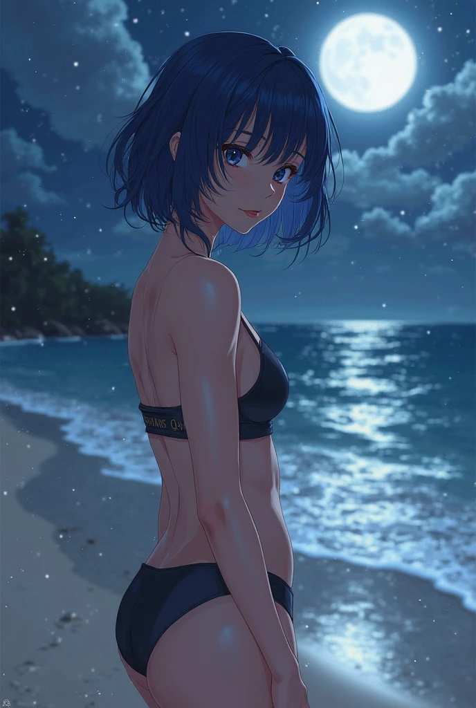 (masterpiece, high quality, dark night:1.3), a cute girl, solo, petite, upper body, sad, medium black hair, (bikini:1.04), arms behind back, blue eyes, empty night beach, sand, epic realistic photo background, moonlight around, shy, (sadness, looking down:1.1), (wet:0.9), sfw