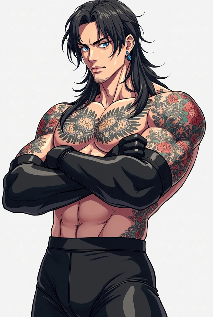 homem musculoso, sem camisa, wearing jeans, corpo definido, masculine features, cabelo escuro, tattooed with the symbol of sin in Chinese