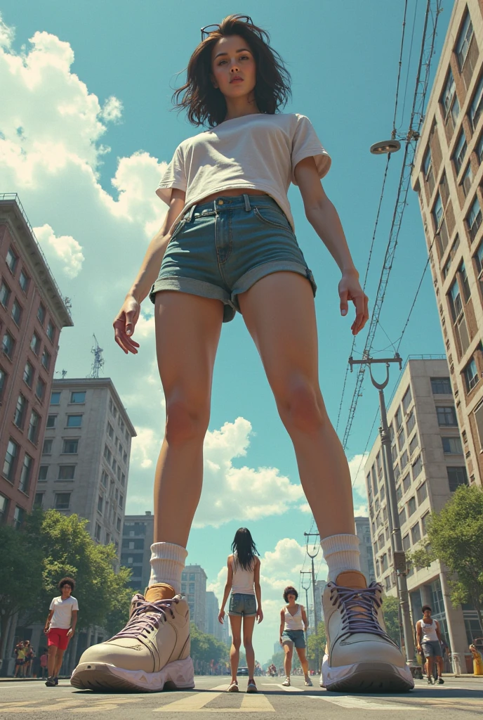(Giant girl Art), (Super Best masterpiece giant girl Raw Photography Art), (16K, Highest quality, Ultra-high resolution, RAW Photos), (Although it is the real world, It's so unrealistic.), (Very detailed描写の, fight巨人女, Ultra-realistic depiction), (Asian Girls, So beautiful and detailed, Perfect female body, Accurate female body structure, Accurate female body movements, Very detailed女体ボディ, Super big breasts), Short sleeve shirt, Short skirt, I can see your pants, Very cute face, (Very detailed描写, Clear and accurate perspective depiction, Wide-angle depiction, Focus on the average value of the image), (Very detailed, World collapse panic movie depiction), Height 1,000m class giant girl, 2 people, The face and body are identical, fight, Scramble, Catfight, Action Movie, from a little distance, 2 peopleの巨女がミニチュアな街まるごとぶっ壊す描写, 見物客はfightの巻き添えに遭う, High Top View