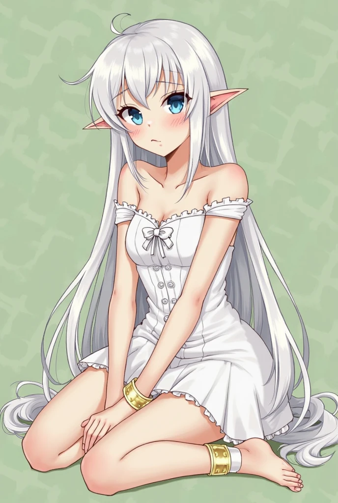 Adult anime girl with brown skin, green eyes, white hair and elf ears wearing a white dress
