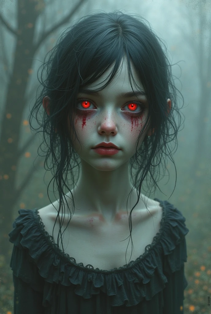 creates horrifying beings, of many colors and with bleeding pigmentation, which takes place in a river next to a forest with dense fog, all in 4k definition