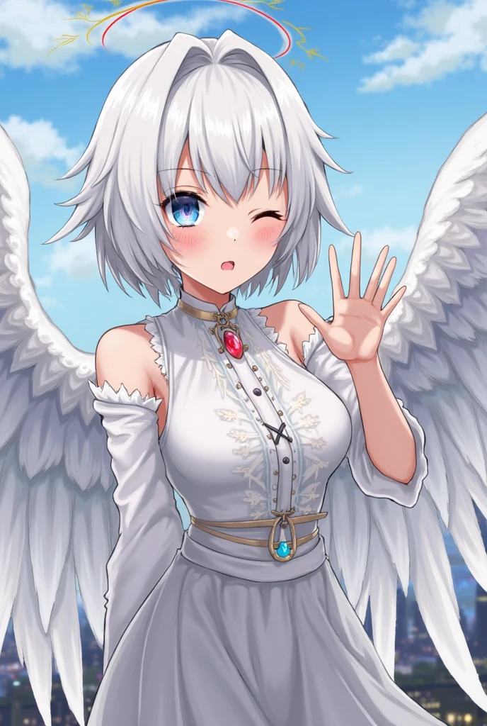 rating: general,<lora:Yasu_Yasui_from_LiL:1>, yasu, 1girl, solo, yasu, wings, necklace, jewelry, small breasts, cross, blush, smile, dress, cleavage, cross necklace, looking at viewer, bare shoulders, church, indoors, white dress, masterpiece, best quality