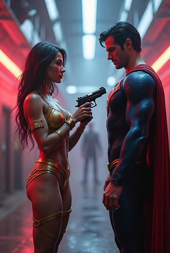 An image of Superman and Wonder Woman in a futuristic car workshop, cinematographic lights