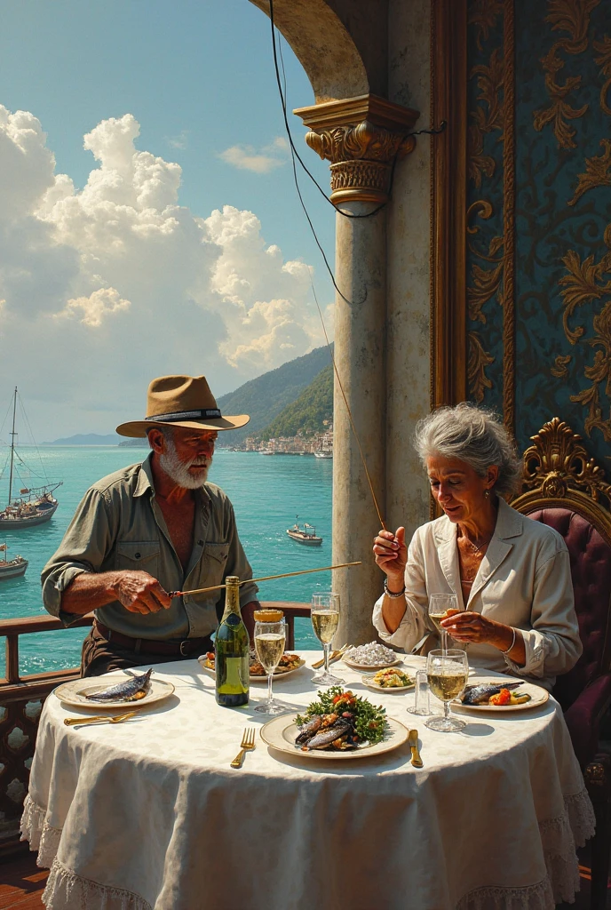 Rich man eating and poor girl see through window