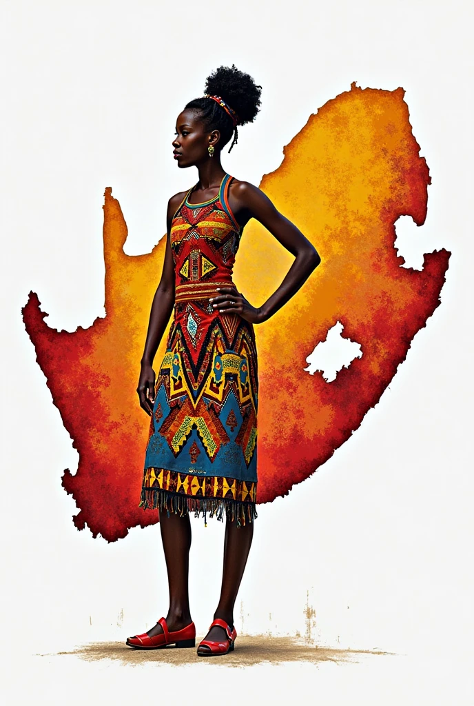 fantasy Op Art black-toned background, white pattern_dress, a coloured line drawing of a mature black-toned Jamaican gymnast walking on mudflats with scarlet cranes, crisp lines, skin imperfections <lora:pattern_dress_xl_v1:1>