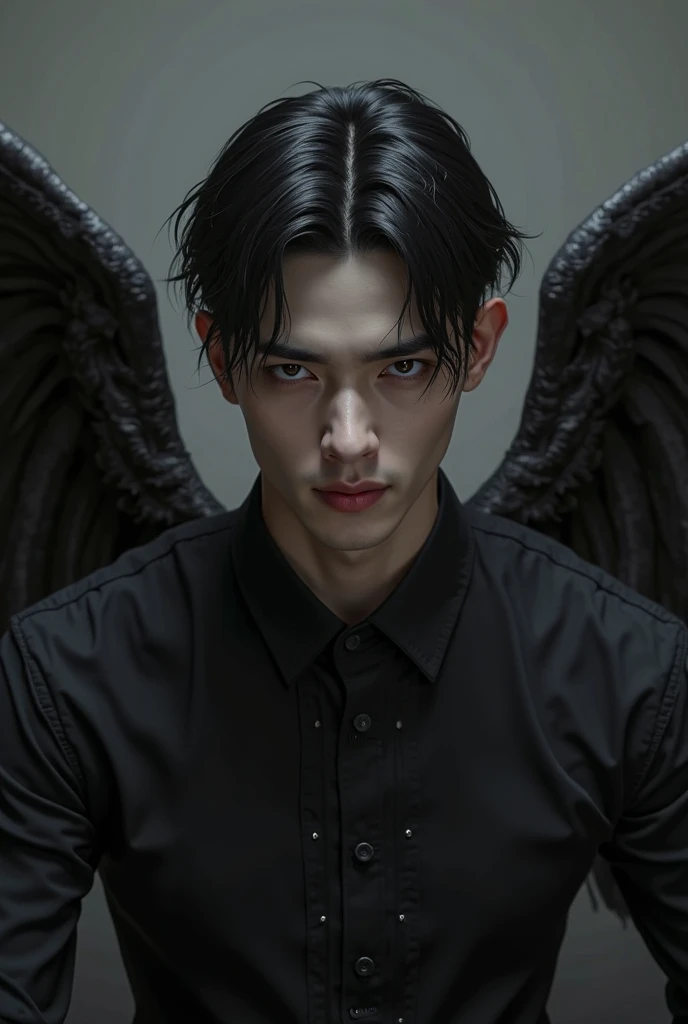 Creates a fallen angel crying, his eyes are red, his wings, one part is white and the other is black, in the background you can see the full moon on his hand, he holds a heart, he is looking directly at the camera and he is a man. 