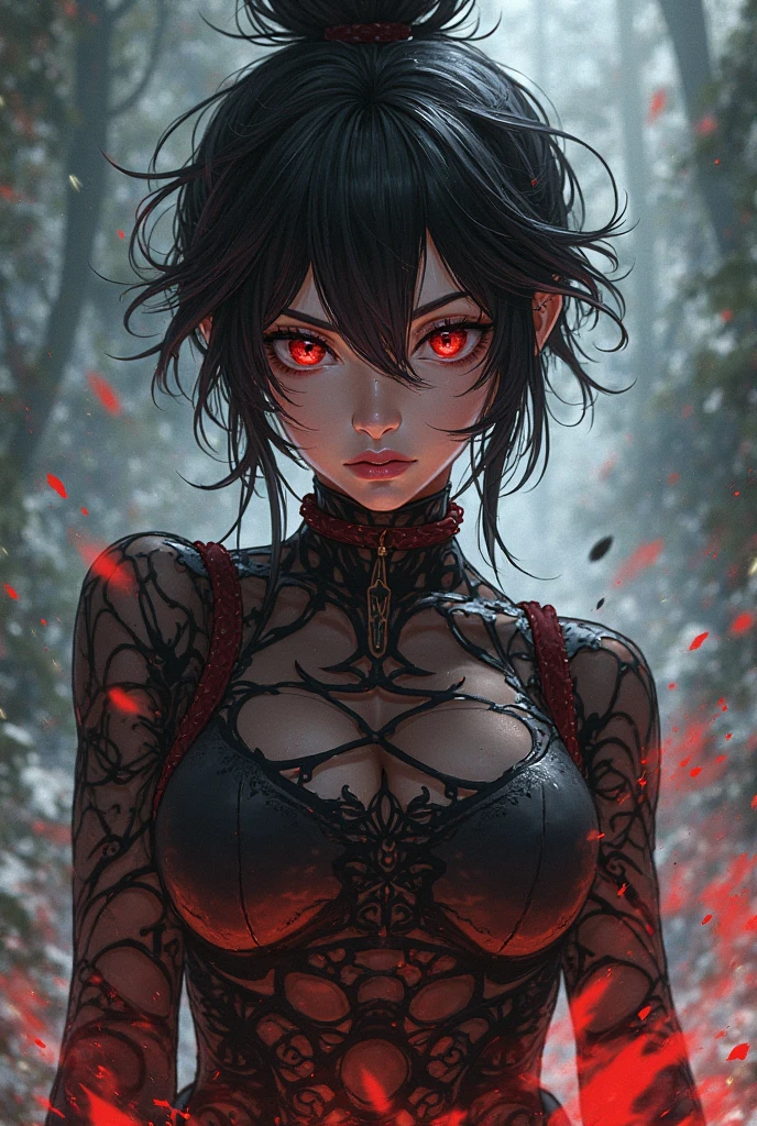 (woman): "(sexy young vampire woman standing in a forest ((creepy and scary vampire pose, big vampire fangs)), dirty blood on clothes, firm breasts, glowing red eyes, crop top torn and torn into pieces, can be seen through the torn black tunic, very thin and light black tunic, breasts can be seen, long hair, black hair, navel, medium and firm breasts, vampire girl looking (18 years old), bangs, bright pupils, blood around the mouth, inviting gesture, hungry expression, (symmetric face), (detailed outfit), (placing hand on chest), hair curly, pale skin, sacred symbol.
(background): outdoors, forest, trees, nature, (((fog)))), (dangerous environment)
(effects): (masterpiece), (best quality), (sharp focus), (depth of field), (high resolution), ((all intricate and realistic details))