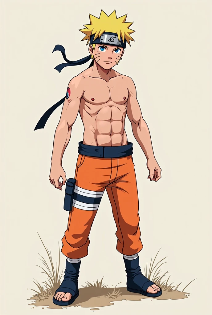 Shirtless Naruto with his shuriken in a heroic pose