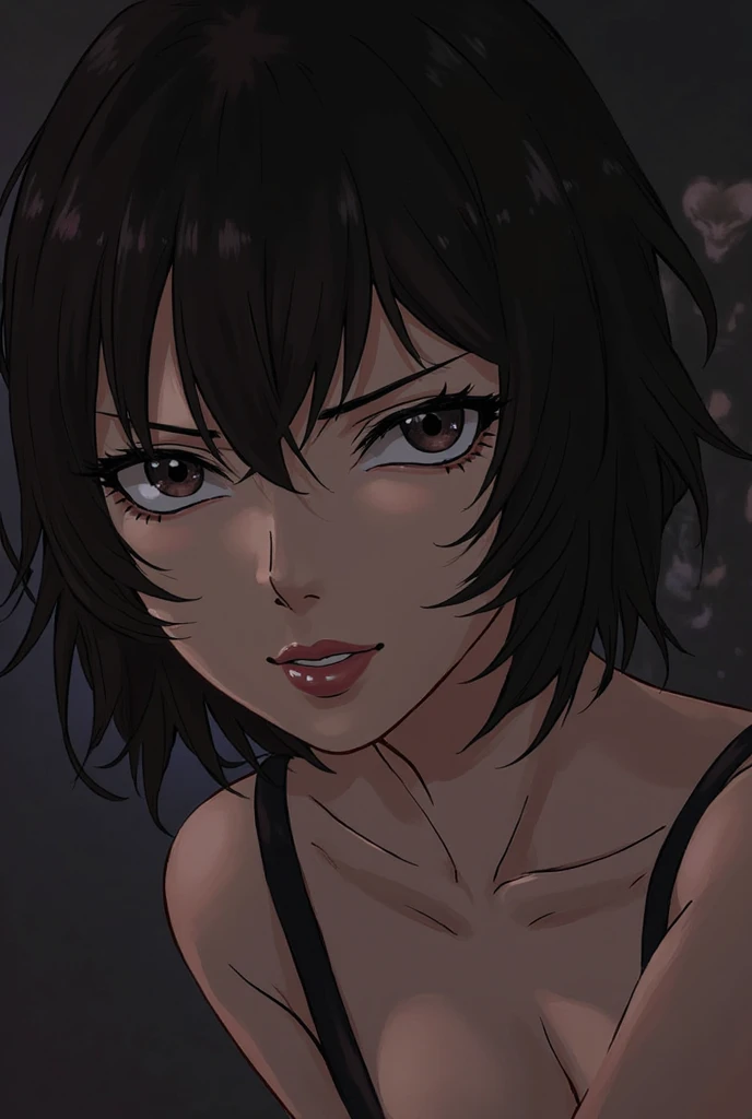 (Best Quality, masutepiece:1.2, 超A high resolution, Realistic:1.5), Raw photo, 1girl in, Off-shoulder, In the Dark, Deep Shadows, low key lighting, Cool color tones, a captivating gaze, Short hair, foggy atmosphere, mystic atmosphere, subtle highlights, dramatic contrasts, Elegant Pose, intense emotion, ethereal beauty, Enchanting darkness, enticing expression