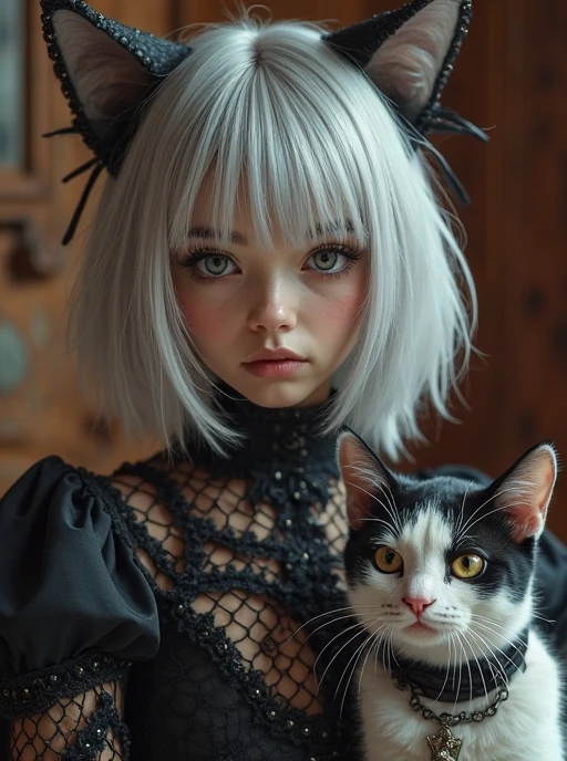 Beautiful 8K Ultra HD professional photos, Sharp focus, In a stunning fantasy world, Cute silver-haired girl and mysterious 1 giant black cat, A joyful smile, In bright natural light