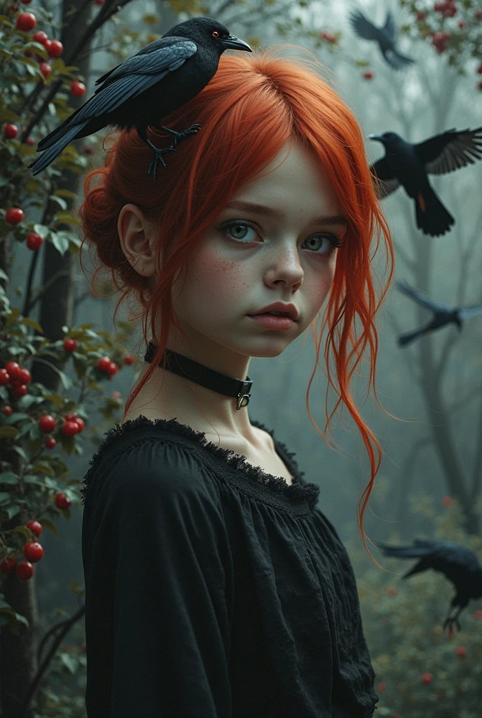 make a blythe doll looking down and covering her mouth with her hand with red to copper hair without bangs and straight black eyebrows messy hair and grunge makeup and landscape a dark and foggy forest