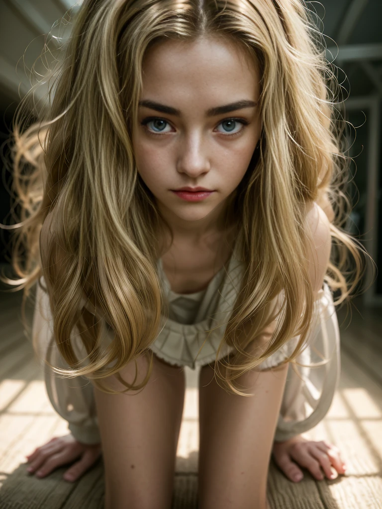 Full body shot , 1girl,13 years old teenager, Solo, Aesthetic artwork, blond, straight blonde hair, super long blonde hair, light blue-grey eyes, some small freckles, pale skin, small breasts, runners body, (thin hips, thin waist: 1.25), detailed skin, shy smile, (full body: 1.1), (action shot kneeling: 1.25), wearing a short sleeve button down white blouse, Buttons are undone and blouse is open, short pink pleated skirt, school girl uniform,24mm, 4k textures, soft cinematic light, RAW photo, photorealism, photorealistic, intricate, elegant, highly detailed, sharp focus, ((((cinematic look)))), soothing tones, insane details, intricate details, hyperdetailed, low contrast, soft cinematic light, dim colors, exposure blend, hdr, faded