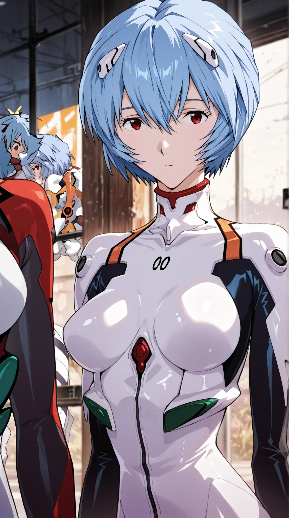 reiayanami, Rei Ayanami, (Ayanami Rei:1.2), blue hair, short hair, (red eyes:1.2),
BREAK bodysuit, Headgear, plugsuit, white bodysuit,
BREAK outdoors, city, sky, sun, clouds,
BREAK looking at viewer, (cowboy shot:1.5),
BREAK (masterpiece:1.2), best quality, high resolution, unity 8k wallpaper, (illustration:0.8), (beautiful detailed eyes:1.6), extremely detailed face, perfect lighting, extremely detailed CG, (perfect hands, perfect anatomy),Breast Exposure、Nipple exposure
