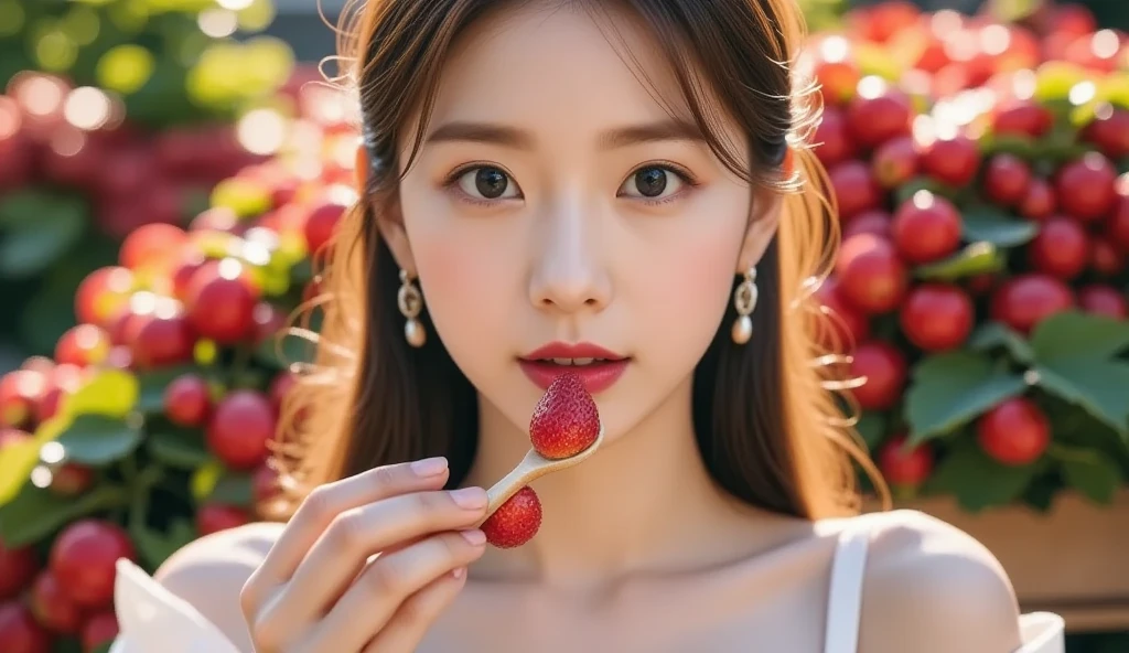 (((best quality))),(((ultra detailed))),(((masterpiece))),illustration,1 beautiful girl,solo,earrings,necklace,medium straight hair,slim,flat chest,strapless red bra,summer,(cherry orchard full of red cherries:1.3),sunlight,dappled light,fair skin,smile,(ripest cherries on the trees:1.3),red lips,peaceful,summer breeze,hair fluttering,setting sun,radiant hue,beauty grace,basket,close-up of face