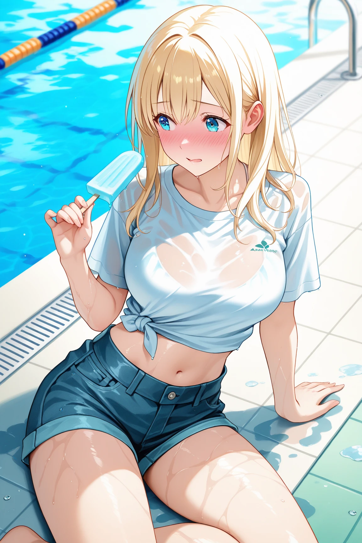 (best quality:1.3), Lucy Heartfilia, blonde, (naughty face), busty, cleavage, seductive, sexy, (()), ((topless)), ((pool)), spread legs