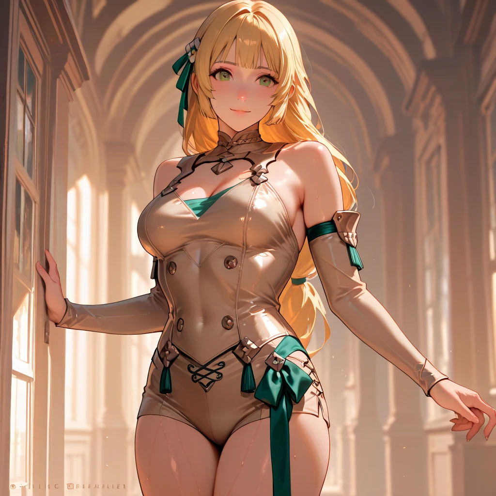 lissa(genshinimpact),Light gradient background,Expose abs,lace panty,Comic cover style,Premium comic titles,Slim figure,cropped shoulders,huge tit,White dress at the bottom,Mesh garment,Cocked buttocks,Fleshy thighs,Below the waist are mesh stockings,Masterpiece,hyper-detailed face,Deep rendering