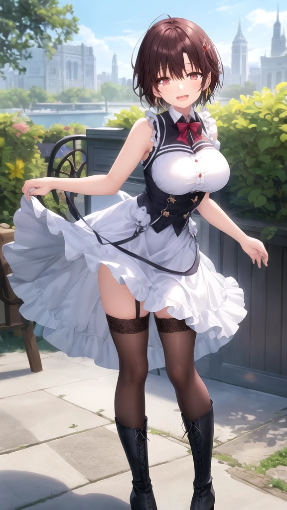 (((masterpiece, Highest quality, High resolution, 超High resolution, Perfect Pixel, Depth of written boundary, 4K, RTTX 10.0))), Beautiful Anime Woman, Beautiful art style, Anime characters, ((Smooth texture, Realistic texture, Anime CG Style)), Exact finger count、Exact number of legs、(Exact number of arms:1.0, Exact number of hands:1.0), (Perfect hands, Perfect Anatomy), Cinematic, Realistic, Extremely detailed CG, Daytime lighting, Perfect lighting, Best Shadow, The best natural light, whole body, Perfect body, Slender body, ((bangs, Dark reddish brown hair, Stylish and cute twin tail hairstyle), Long Hair), (Detailed face, Cute Face), (A grown woman standing with her own hand lifting up her skirt:1.7), (black and white maid outfit, Frilled maid outfit, Knee socks, pumps:1.3)、Angle from the front, ((セクシーでかわいいTurquoise Blue Panties:1.3), (Glossy satin panties, Side-tie panties, Lace panties:1.3), (Turquoise Blue Panties, garter belt:1.3)), (Beautiful big boobs), (Beautiful and thin thighs:1.3), Feeling embarrassed, (blush:1.2), (Very embarrassed look:1.5), (maid Cafe, Tables and chairs, Many male customers in the background, The male customers are chatting:1.4)