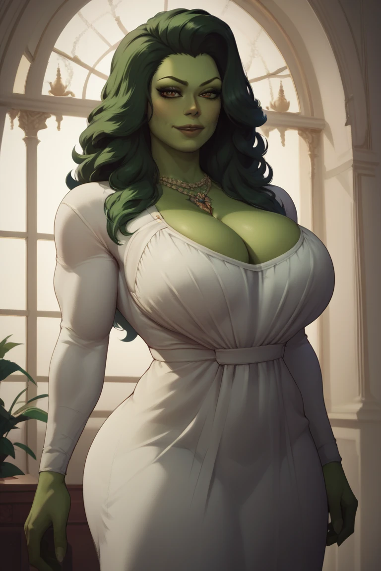 a green-skinned goblin woman, sitting, two statues hold her large hanging breasts, she wears a white dress, and her body is sexy, the statues are gray.