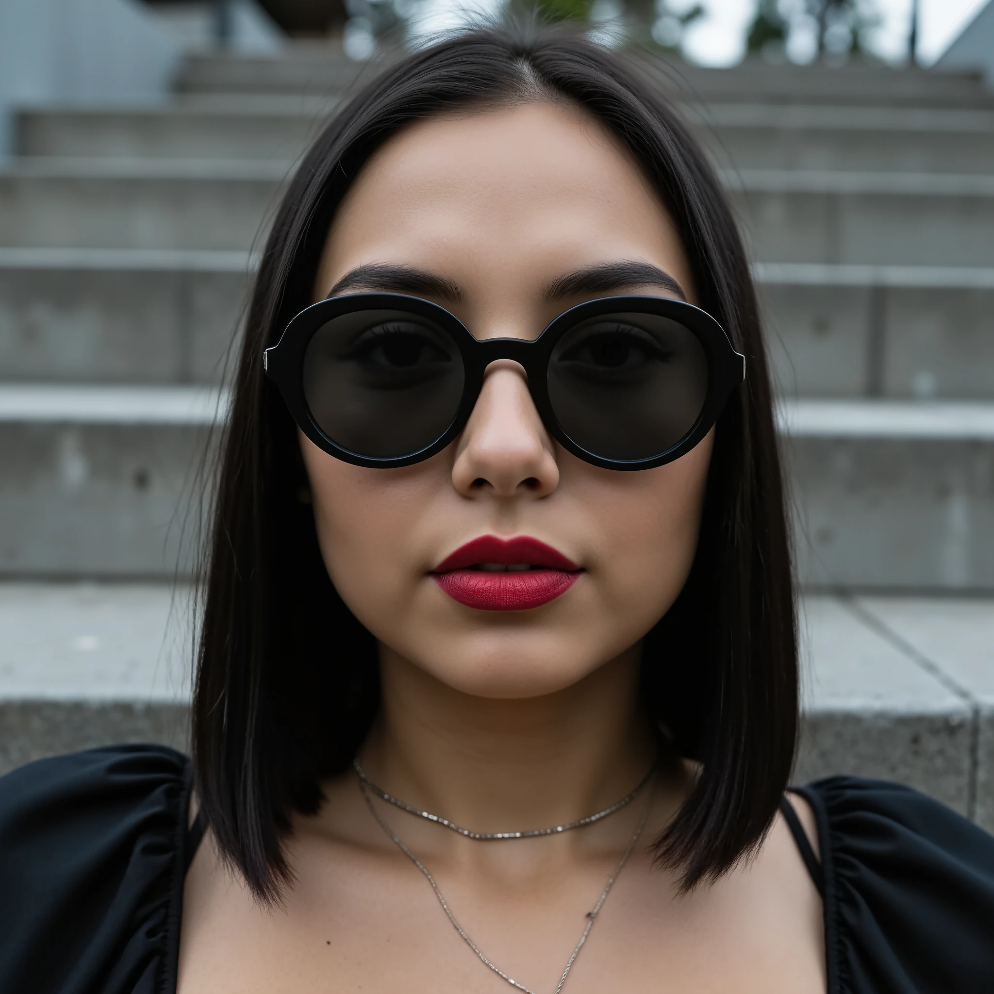 A close-up, frontal portrait of a confident woman outdoors on a cloudy afternoon. She has medium brown skin, smooth and radiant, and straight shoulder-length black hair styled neatly. Her lips are painted with bold red matte lipstick, and she wears large, round black sunglasses that reflect the overcast sky. Her expression is calm, subtly smiling, and self-assured, conveying quiet strength and elegance. The camera angle is directly in front of her face, emphasizing her features in a centered, symmetrical composition. She wears layered minimalist necklaces, and the edge of a black sleeveless top with gathered straps is slightly visible. The background is softly blurred in muted tones, likely outdoor concrete or urban steps, rendered with shallow depth of field. Lighting is diffused and soft, enhancing natural skin texture and highlights on her lips and cheeks. Styled in cool, desaturated color grading with a matte cinematic finish, inspired by high-end analog portrait photography with clean tonal separation and subtle film grain.