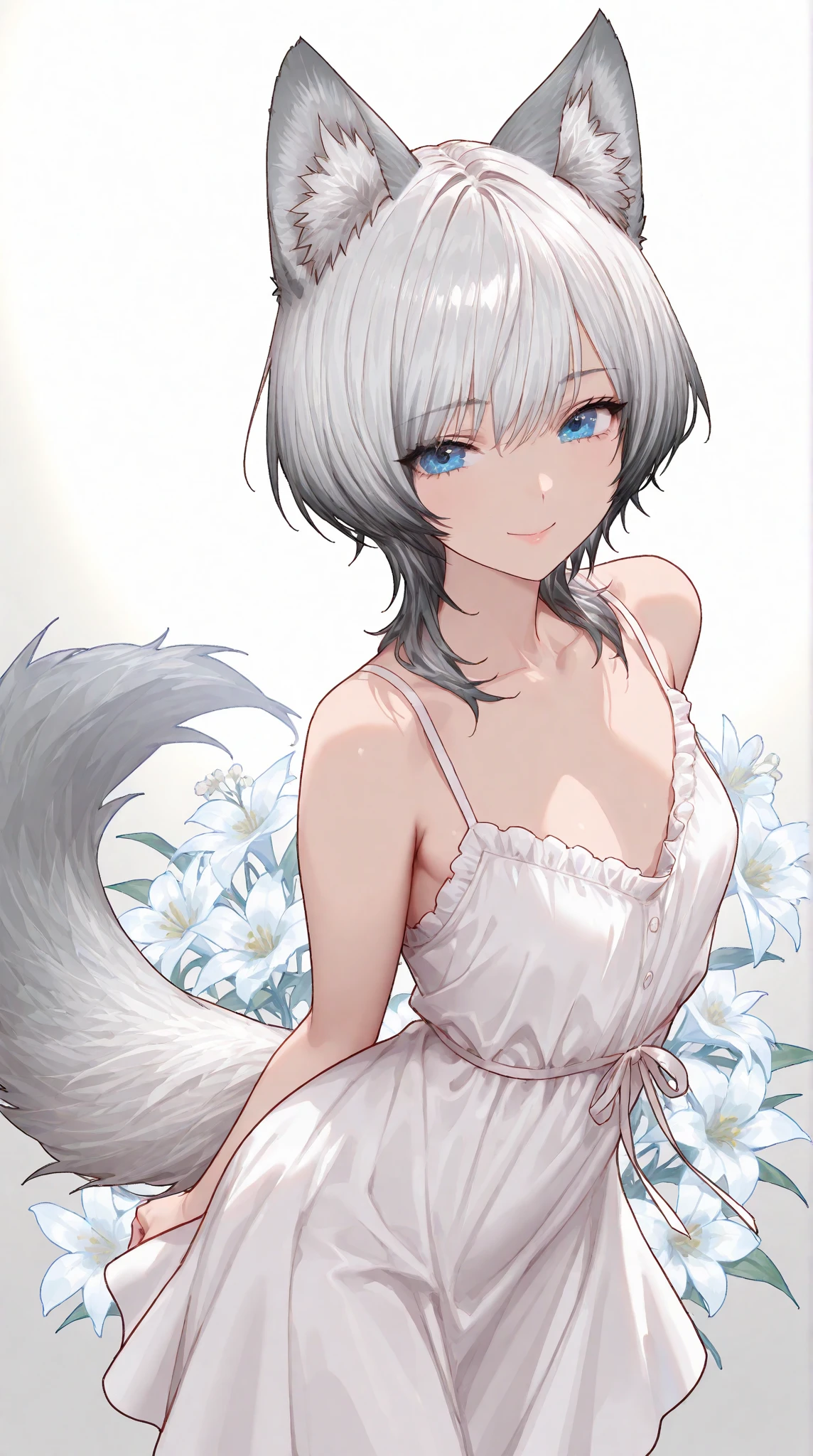 nude, girlish, cat ears girl, mirando al espectador, pechos grandes, pelo color blanco, pelo corto, por el blanco, ojos verde