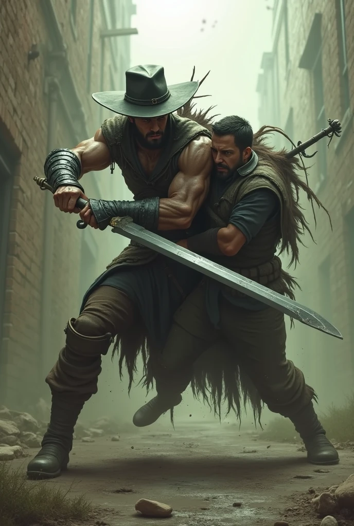 Sword duel between Solomon Kane, handsome face, and a swordsman. Frazetta art