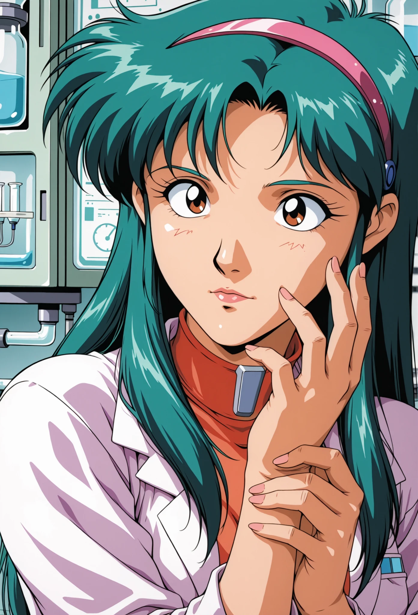 Time Gal with long green hair very closely examining her right hand, in a medical lab, alone, in close up in a highly detailed anime style
