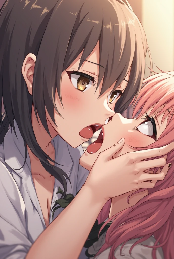 (masterpiece, best quality, ultra-detailed, high resolution, detailed eyes), takeda hiromitsu style, {{{2women}}}, school girl uniform, {both wearing pet collar}, french kissing, looking up at viewer, (blushing:1.3), (tongue out:1.3), (drool:1.4), (breath:1.3), orgasm, sweaty skin, face focus, from above