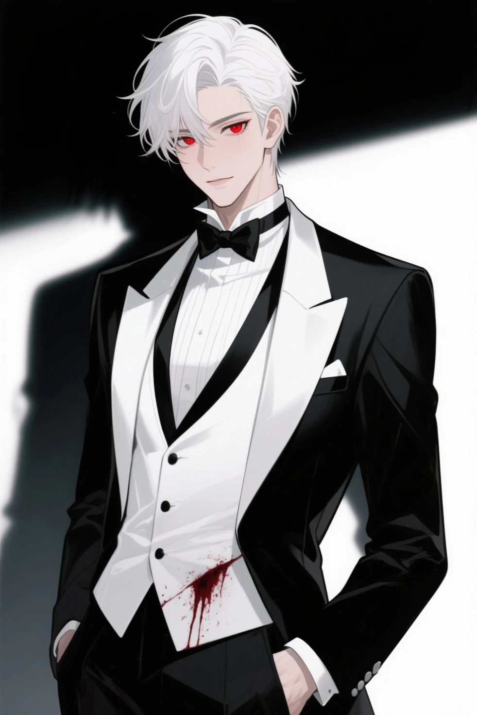(best quality, masterpiece), 1boy, upper body, injury, blood splatter, blood, formal, looking down, looking at viewer, white hair, vampire, hand in pocket, muscular, smile, dark mood