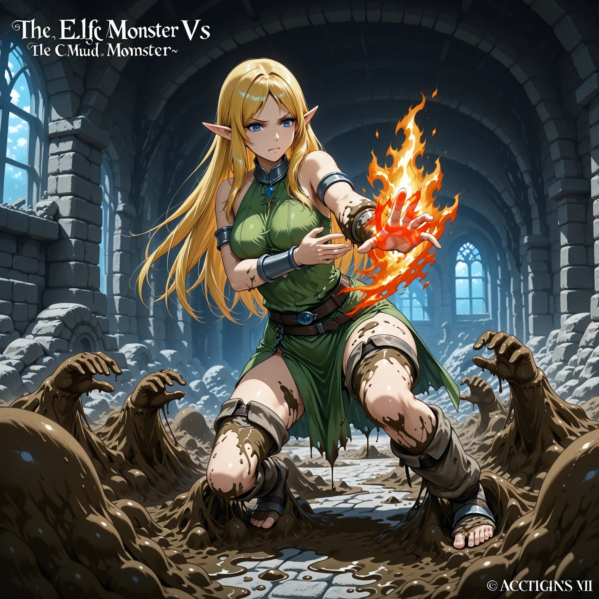 1boss monster vs 1girl,(1Boss monster is Mud Hand ,The Mud Hand made of just arm and hand),break,(1girl is elf, The elf casts a fire spell on The Mud Hand),(righ side the elf),(left side the Mud Hand)