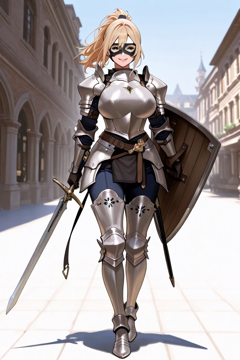 masterpiece, best quality, high quality, 1solo white SKIN elf, long hair, white hair, yellow eyes, full body, def_effie, blue breastplate, looking at viewer, shiny,armor, thighhighs, high boots,shoulder armor, faulds, poleyn, gloves, gauntlets