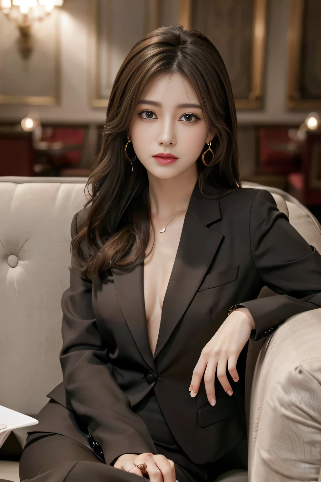 (best quality, 8k,32k,masterpiece, UHD:1.2),extremely detailed CG unity 8k wallpaper,intricate details,Raw photo,(photorealistic:1.4),atmosphere,ultra high res,Realistic,Real,Huge_filesize,incredibly absurdres,(centered:1.3),Ultra illustration,(ultra-detailed),cinematic lighting,various colors,depth of field,art by krenz cushart,golden hour lighting,taken by Canon EOS,SIGMA Art Lens 35mm F1.4,ISO 200 Shutter Speed 2000,blurry background,
BREAK,
1girl,slim body,(long hair:1.4),solo,20-year-old Japanese beautiful woman,(black suit:1.5),(Brown hair:1.5),((brown eyes)),Large breasts,chest, Soft white skin that shines with every detail,pale skin,Very beautiful face,Very well-formed face,Natural and realistic face,Best,beautiful detailed eyes,striking eyes,Eyes drawn in detail,Detailed mouth,Detailed lips,shiny beautiful lips,Glossy lips,simple earrings,necklace,jewelry, solo focus,low neckline,
BREAK,
Back lighting,kool,Standing,
BREAK,
(Dutch angle:1.4),cowboy shot,looking at viewer,
BREAK,tzuyu,yui aragaki,