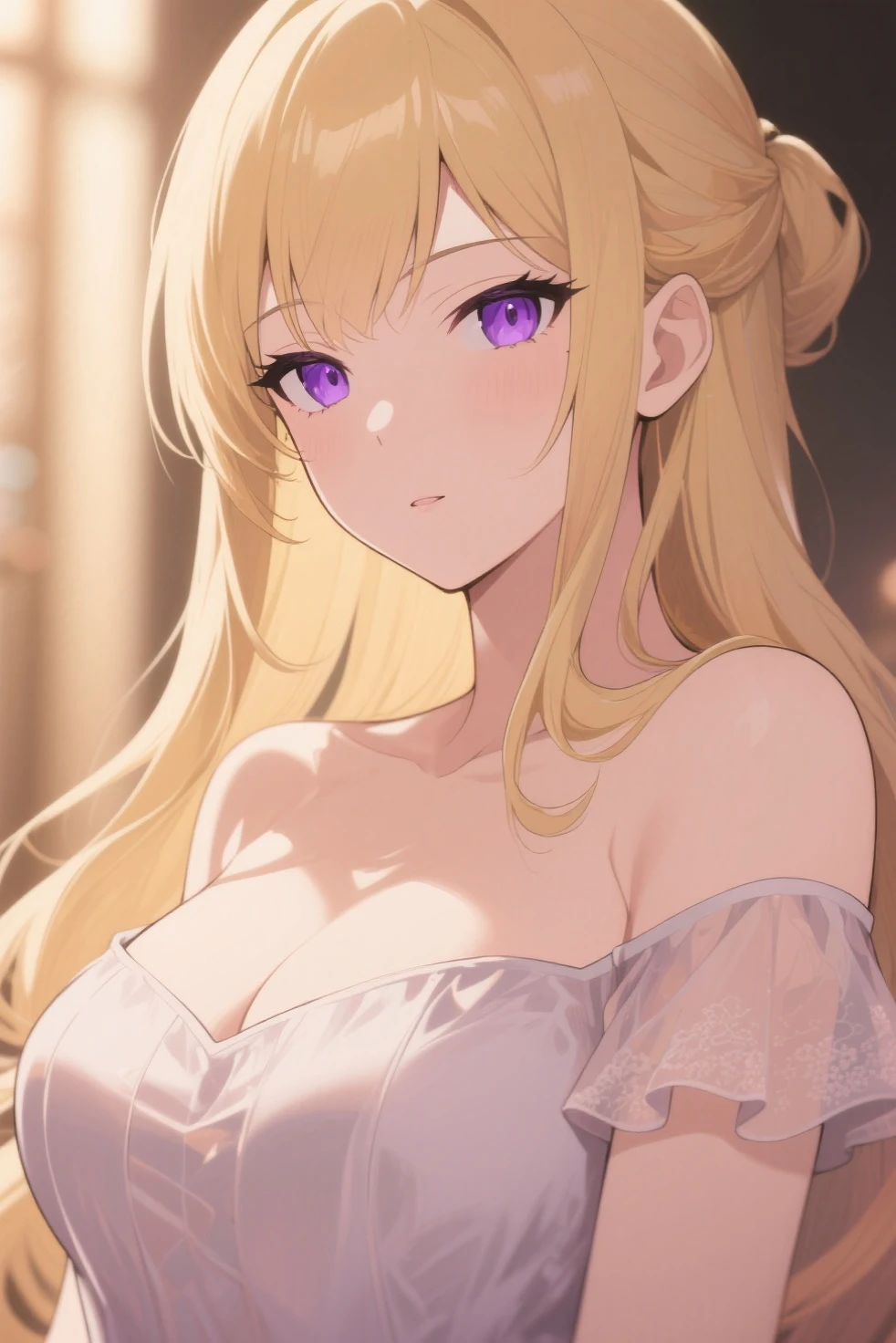 masterpiece, absurdres, best quality, ultra detailed, high Resolution, detailed illustration, bright colour, (extremely beautiful detailed face and eyes, Delicate beautiful face, 1 girl, cute face:1.3), (magenta eyes:1.1), sparkling eyes, big eyes, medium breasts, (perky breasts:1.1), (pointy breasts:1.1), medium hips, glamorous body, white skin, BREAK, long bob cut, (blonde hair:0.8), messy hair, detailed hair, shiny hair, BREAK (buggy party dress, down blouse:1.5), perfect lighting, (embarrassed:1.5), (ecstasy, vulgarity:1.5), (trembling:0.8), Luxury party, Nobility, 