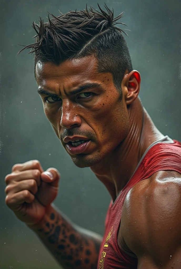 Cristiano Ronaldo en train de faire de la boxe, il a un short de boxe de couleur vert, abdo, Realistic, 3D,12k detailed, grain de la peau ultra net.