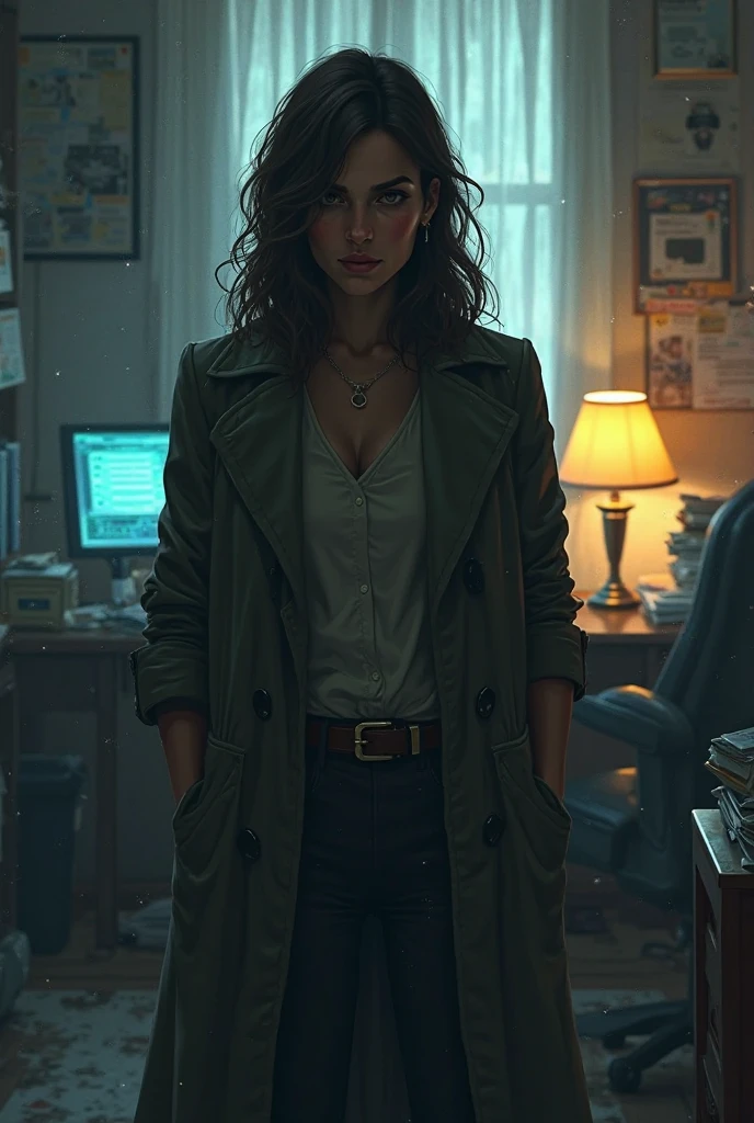 ultra realistic, photography, long black straight hair in a ponytail, elegant hair, (30 years old, hazel eyes, hourglass figure, perfect fit body, natural big breasts), femme fatale, long eyelashes, cat-eye make-up, she is dressed like a NYPD detective, under her trenchcoat her shirt is buttoned up, she has a badge on the trenchcoat, she is wearing elegant pants and high heels, she is at a homicide scene in an apartment, she is kneeling next to puddle of blood on the floor, there is a bloody arm on the floor, she has a notepad in her hand and is taking notes, she is looking at the notes in her notebook, full body picture, wide angle