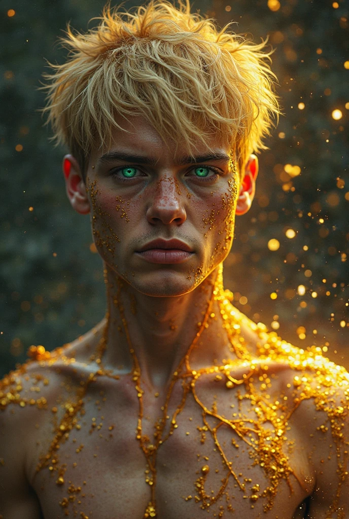 naked/fully naked handsome young man in his early twenties with short undercut blond hair caught in a gold fishing net, struggling