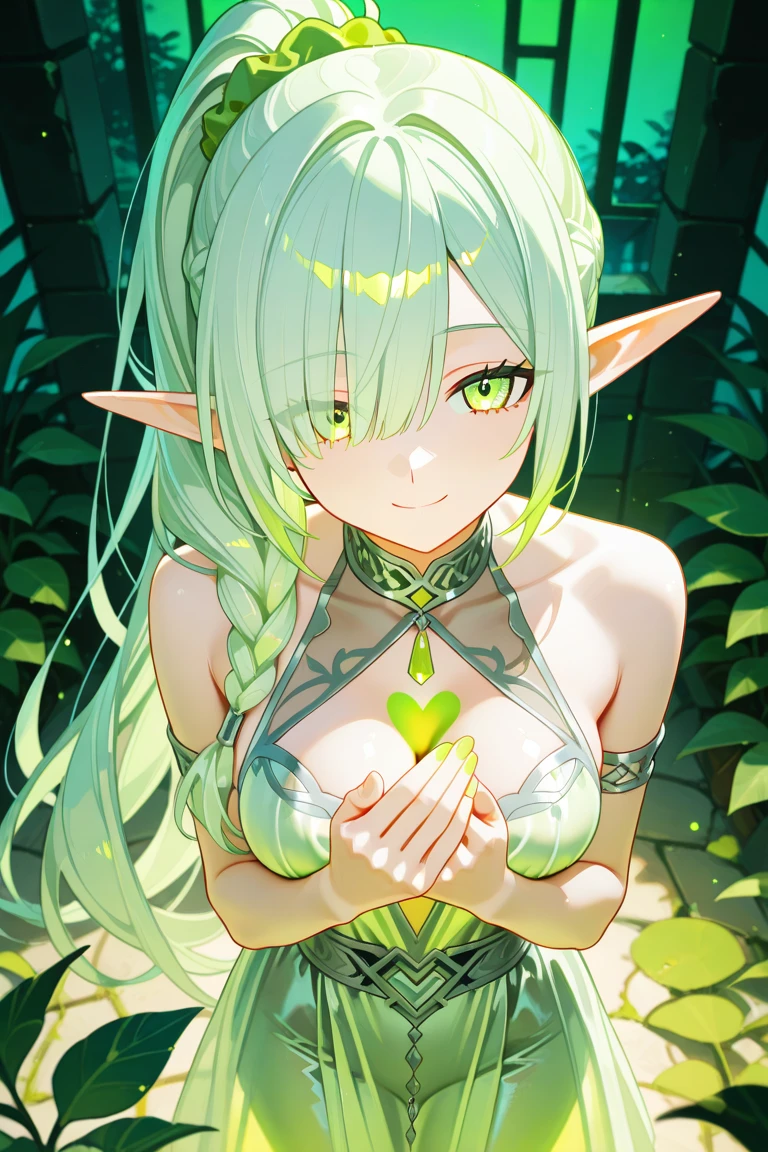(Masterpiece, Top Quality, Best, Official Art, Beautiful and Aesthetic, Long Exposure: 1.2), Smooth Movement, Charming Patterns, 1 Girl, (Long Dress with Sleeves: 1.3), (((Green Clothes) )), upper body close-up, bare shoulders, Chinese girl, blush, black lob hair, portrait, solo, upper body, looking at the observer, detailed background, detailed face, (crystallineAI, crystalline theme:1.1), elemental wood elf, rotation foliage, control foliage, emerald clothing, dynamic pose, floating particles, ethereal dynamics, foliage, vapor, forest in the background, green tint, forest, ethereal atmosphere,