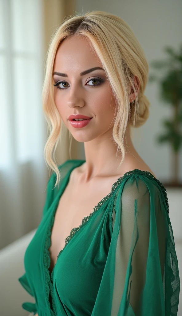 (very detailed:1.5), (no nudity:2), (1girl:1.2), tits, breasts, (beautiful, Swedish, blonde, (TRANSPARENT TULLE bodysuit:1.6) with emerald green mesh pattern very tight to the body:1. 6), (semi-transparent:1.6) (with some embroidery with small floral patterns in pink colour:1. 6), inside a luxurious room decorated in romantic style, (bun:1.3), (long hair:1.3), half-moon hair ornament, eyeball, half-moon earrings, make-up, seductive smile, lips parted, Hyperrealism, Sony FE GM, 85mm, f/4.0, (cowboy shot:1.5), ((best quality)), ((masterpiece)), anatomically correct
