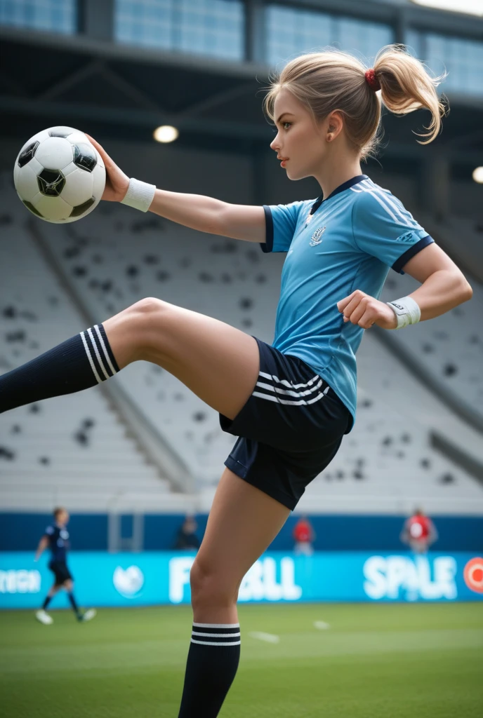 ((best quality)), ((masterpiece)), (detailed), A 12-year-old girl with medium-sized blondish-white hair and blue eyes is playing soccer ball shooting